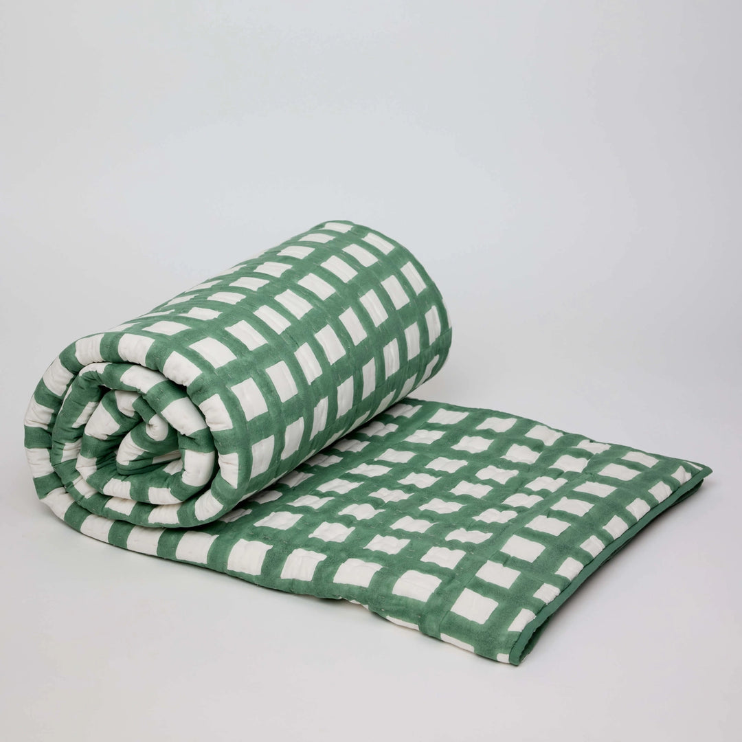 Checkerboard Block Printed Quilt - Pink & Green