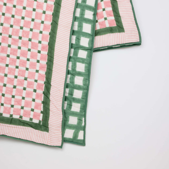 Checkerboard Block Printed Quilt - Pink & Green