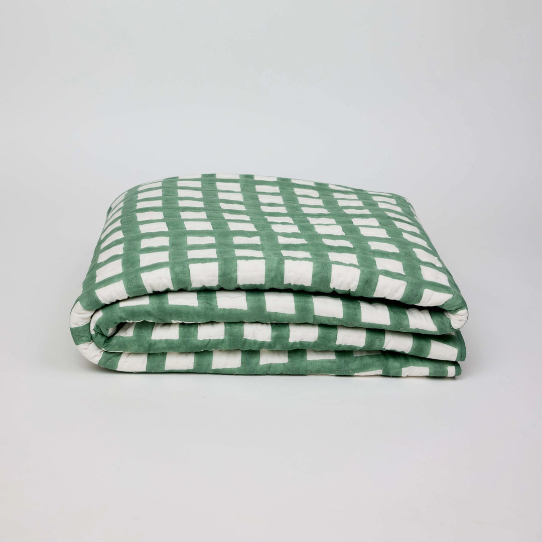 Checkerboard Block Printed Quilt - Pink & Green