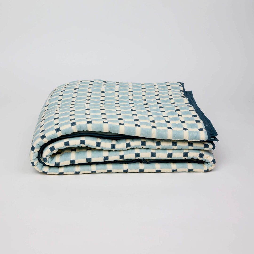 Checkerboard Block Printed Quilt - Blue