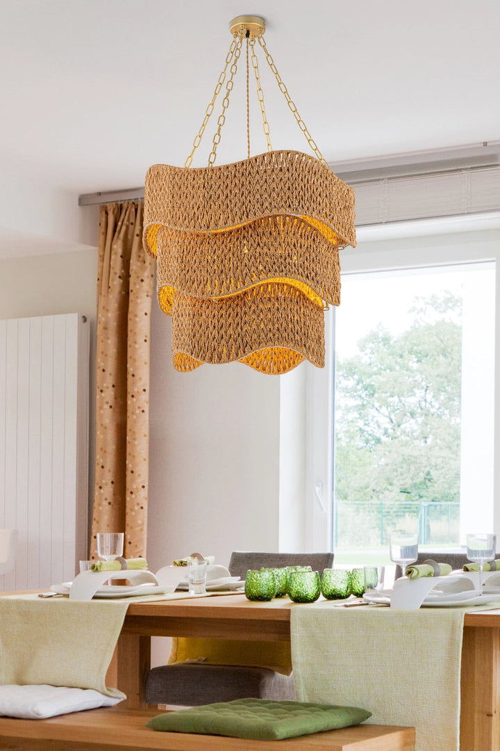 Dining room with a wicker pendant light hanging above a wooden table.