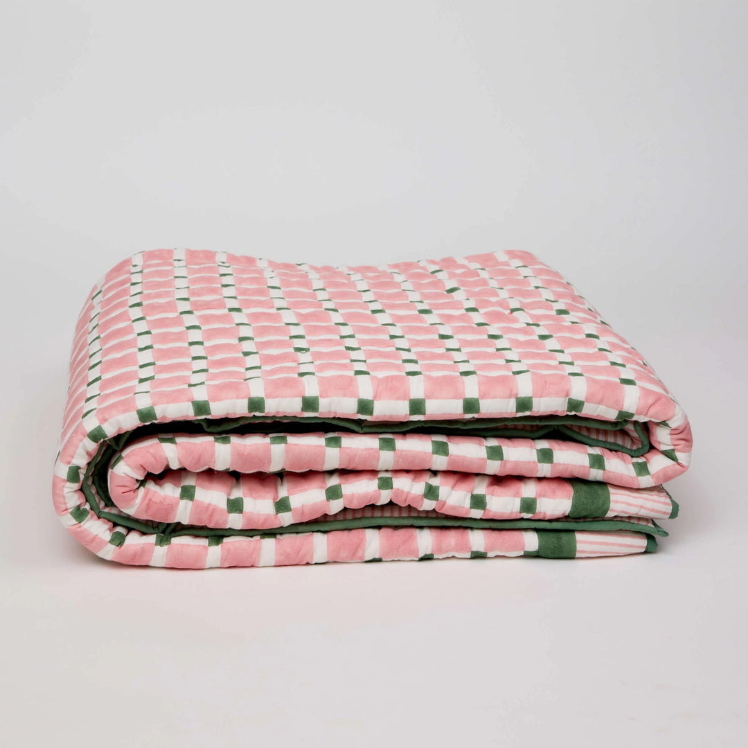 Checkerboard Block Printed Quilt - Pink & Green