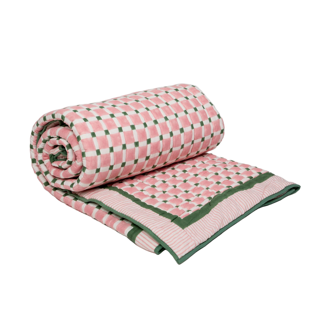 Checkerboard Block Printed Quilt - Pink & Green