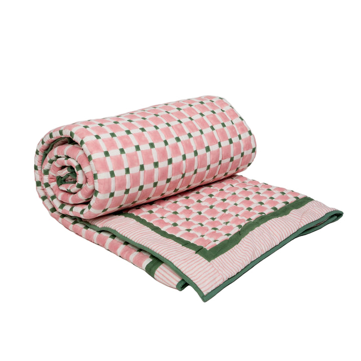 Checkerboard Block Printed Quilt - Pink & Green