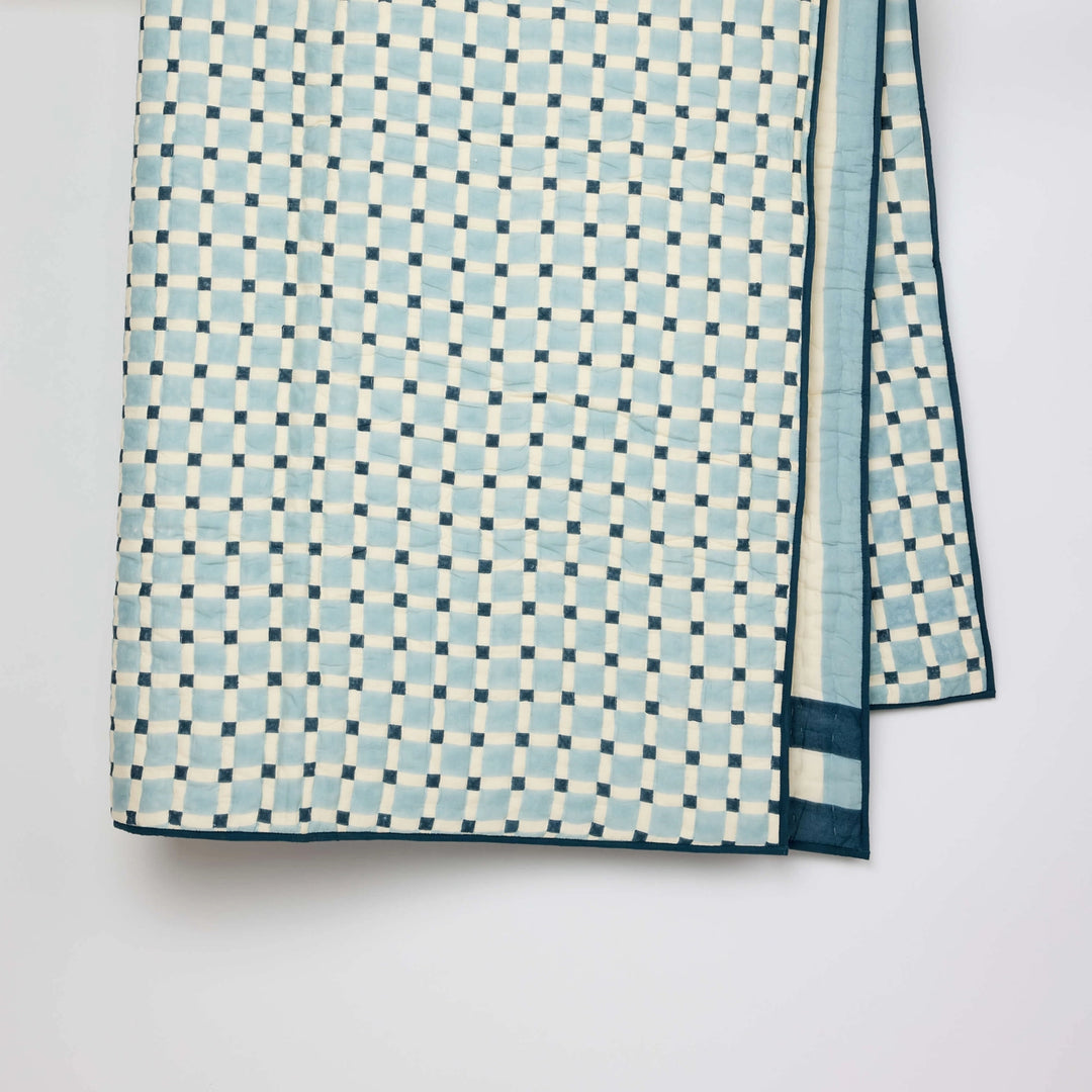 Checkerboard Block Printed Quilt - Blue