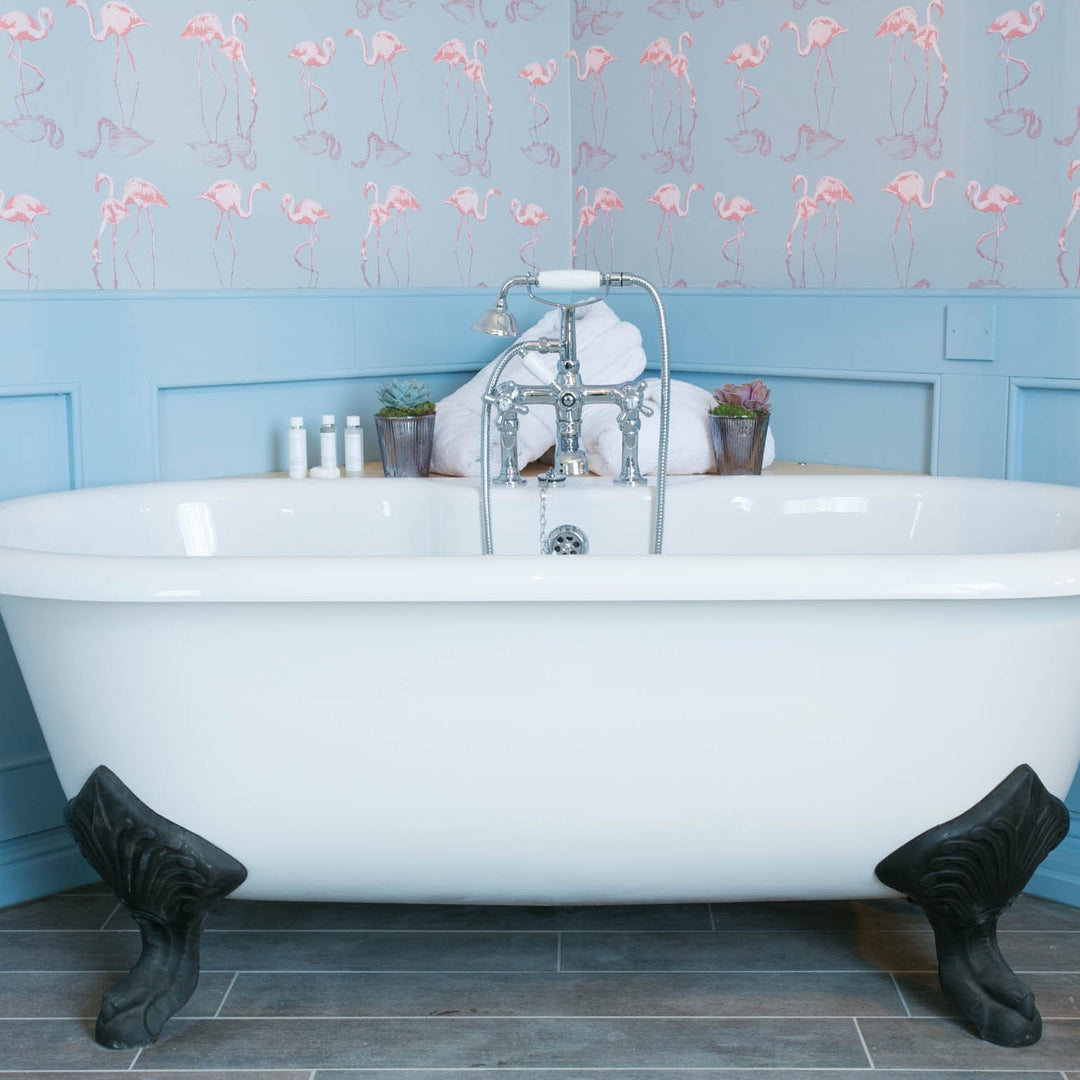 Nakuru Flamingo Wallpaper in Pink by Juliet Travers | Wallpapered Bathroom