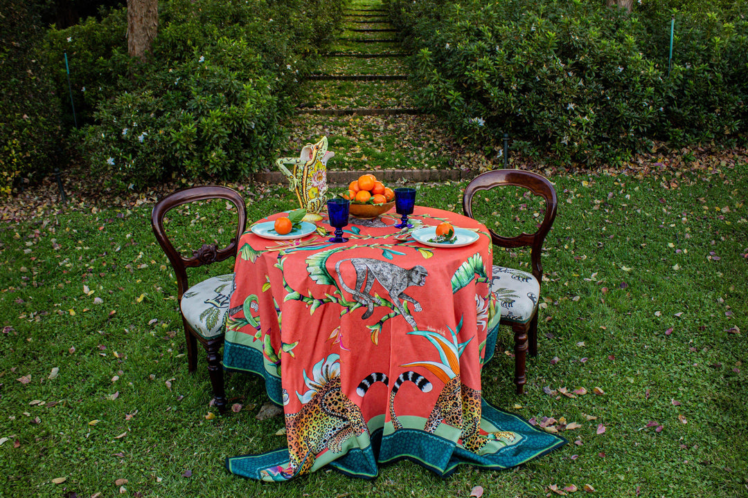 Monkey Paradise Square Tablecloth - Coral
