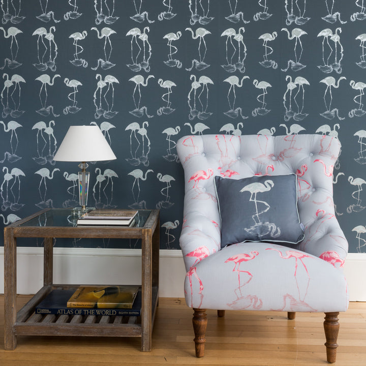 Nakuru Flamingo Wallpaper in Navy by Juliet Travers | Wallpapered Hallway