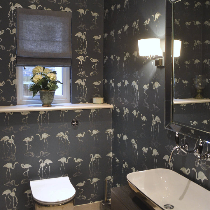 Nakuru Flamingo Wallpaper in Navy by Juliet Travers | Wallpapered Bathroom
