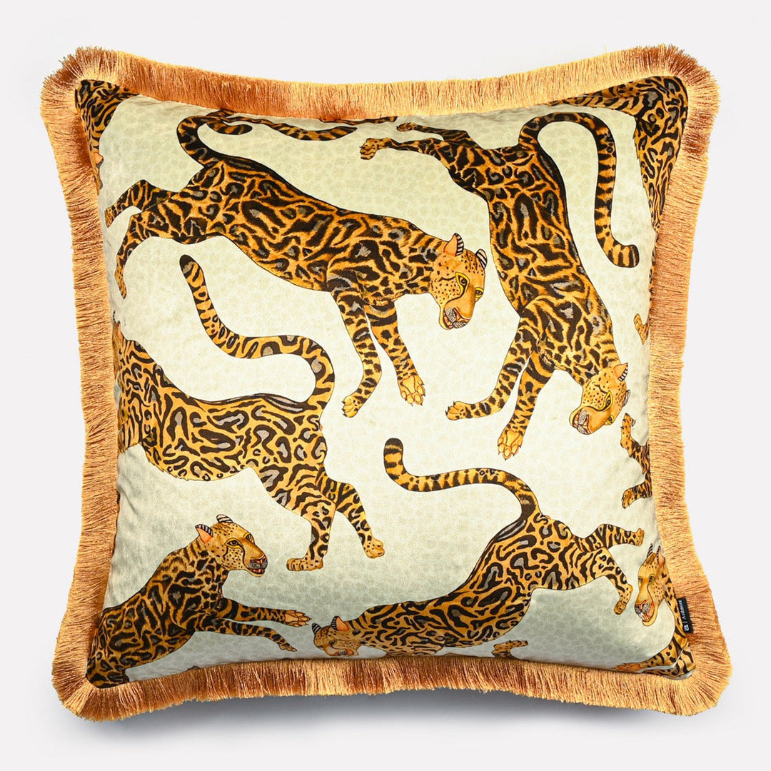 Cheetah Kings Fringe Cushion Cover - Stone