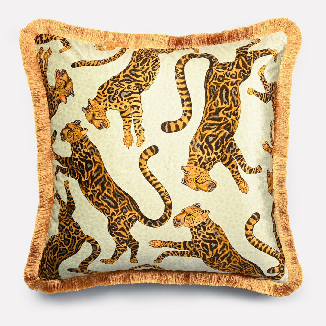 Cheetah Kings Fringe Cushion Cover - Stone